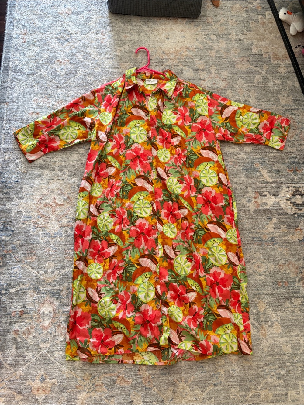 Dress Forum Tropical Floral/ Fruit Midi Dress in Red, Green & Orange